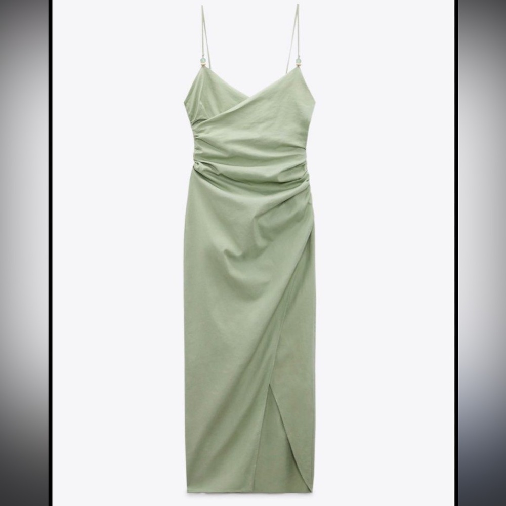 Zara Ruched Linen Blend Midi Dress Sea Green Size XS - Picture 2 of 11